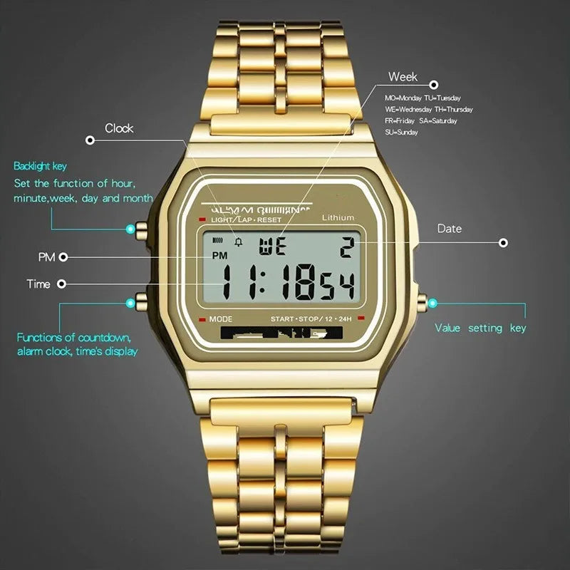 Multifunction LED Digital Sports Wrist Watch Steel Strap for Men And Women Business Electronic Clock